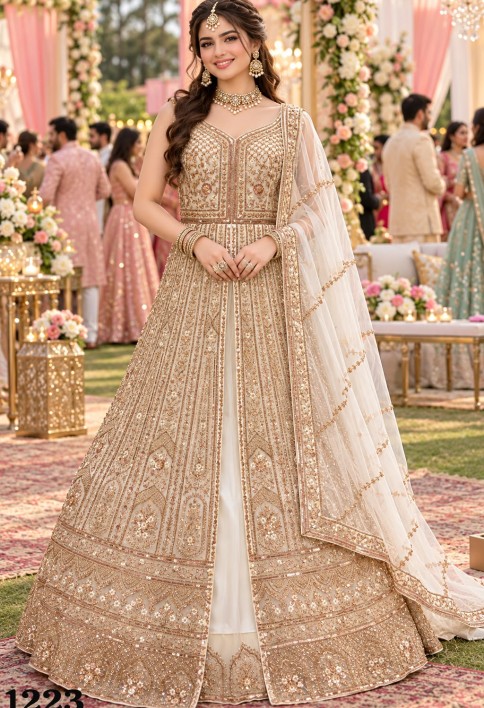 Cream Net Beads Lehenga Choli for Ceremonial